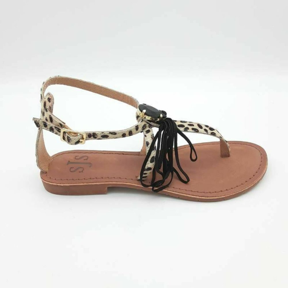 SJS Womens T-Strap Sandals Brown‎ Leopard NEW